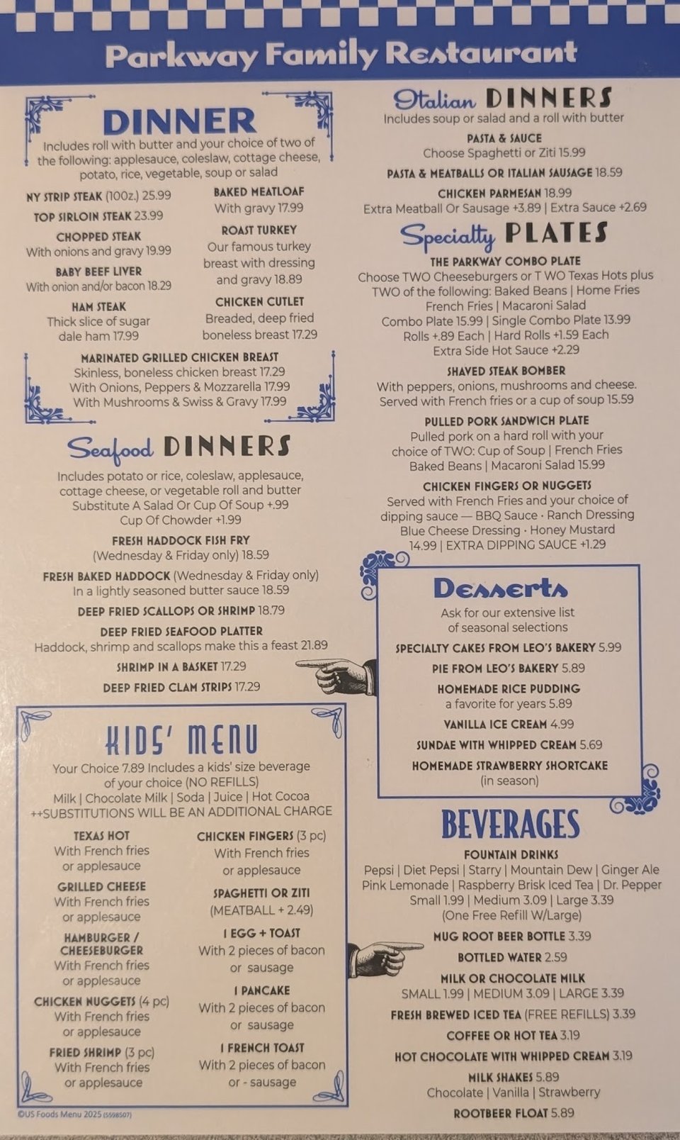 Printed menu featuring salads and sandwiches.